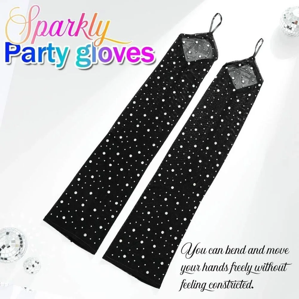 Women's Rhinestone Long Mesh Gloves Fingerless Elbow Length Arm Sleeves Prom
